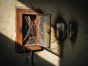 Weathered fuse box with frayed, discolored wiring and scorch marks on a worn plaster wall in an older home.