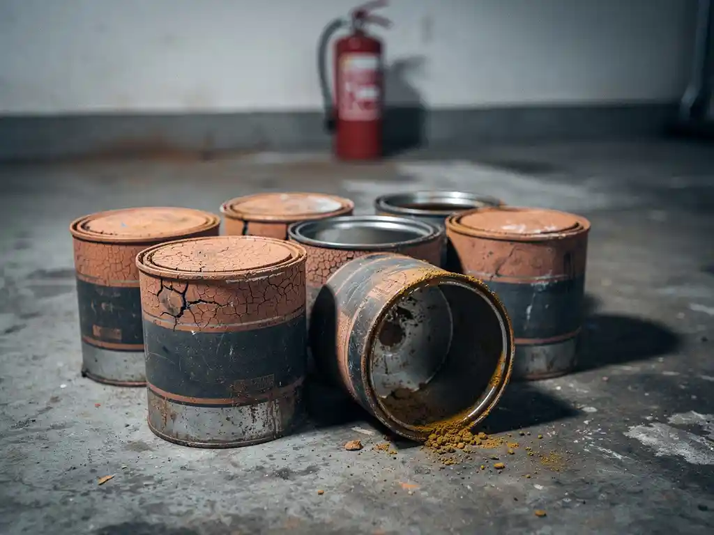Old paint cans with dried, cracked lids on a concrete garage floor, one tipped revealing hardened pigment, red fire extinguisher in background.