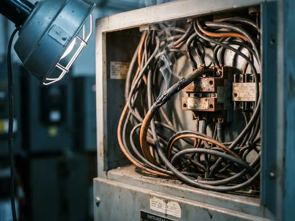 Overloaded industrial switchgear panel with tangled wires, scorched insulation, and faint smoke rising from a damaged connection point.