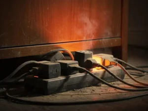 Overloaded power strip with multiple plugs behind a dusty wooden cabinet, heat haze rising from socket indicating fire hazard risk.
