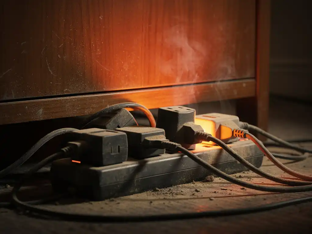 Overloaded power strip with multiple plugs behind a dusty wooden cabinet, heat haze rising from socket indicating fire hazard risk.