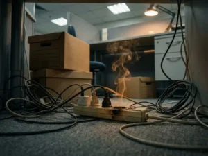 Overloaded power strip under office desk with tangled cables, smoke wisps rising from overheating socket, highlighting fire hazard risks.