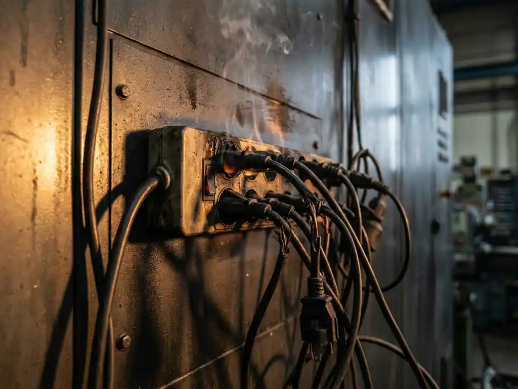 Overloaded power strip with tangled cables and smoke rising from a scorched socket on a dark industrial wall panel.
