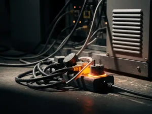 Overloaded power strip with tangled cables glowing amber near sockets on a concrete floor beside an electrical cabinet.