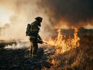 Firefighter in protective gear overseeing a prescribed burn at dusk, with charred earth on one side and tall amber flames rising against a smoky sky.