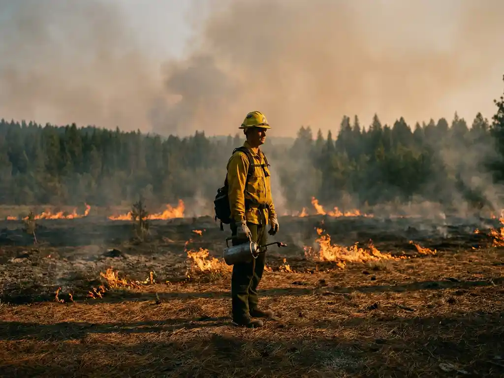 Firefighter holding a drip torch monitors a low prescribed burn across a managed forest floor at dusk, with dense green trees in the background.