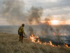 Land manager in protective gear using a drip torch to ignite a controlled prairie burn, amber flames spreading low across dry golden grassland under an overcast sky.