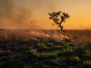 Prescribed burn across dry grassland at golden hour, with charred earth beside vivid green regrowth, low contained flames, and a lone tree silhouetted against an amber sky.