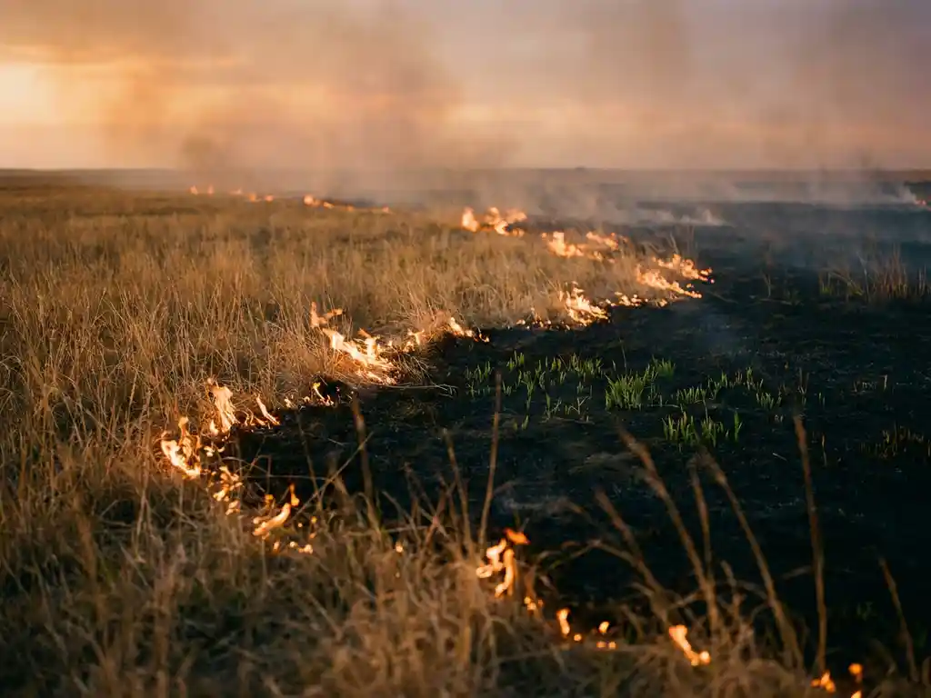 Controlled grassland burn at golden hour with amber flames, blackened earth, and fresh green shoots emerging behind the fire line.