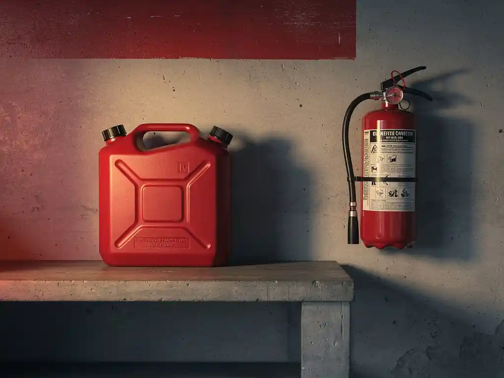 Red plastic fuel canister on a concrete garage shelf beside a wall-mounted fire extinguisher, lit by warm incandescent light.
