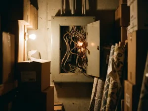 Retail stockroom electrical panel with heat-stressed wiring surrounded by cardboard boxes and fabric displays, a potential fire hazard.