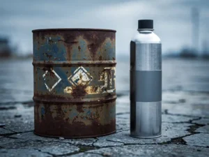 Rusted chemical barrel with hazard symbols beside a clean nitrogen suppression canister on cracked concrete, contrasting old and modern industrial safety equipment.