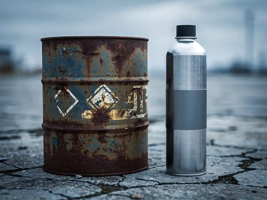 Rusted chemical barrel with hazard symbols beside a clean nitrogen suppression canister on cracked concrete, contrasting old and modern industrial safety equipment.