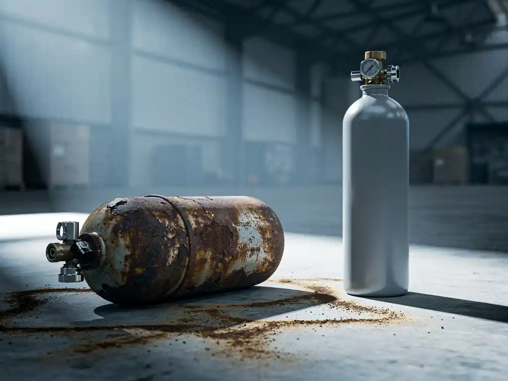 Rusted chemical fire suppression canister beside a modern nitrogen cylinder on a concrete warehouse floor, with residue stains and dramatic side lighting.