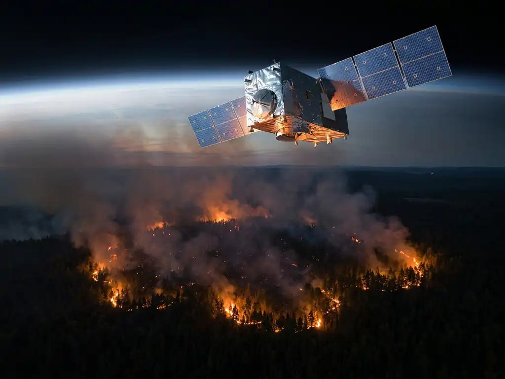 Satellite in low orbit above a vast wildfire, glowing orange flames spreading through dark forest canopy with thin atmospheric haze below.