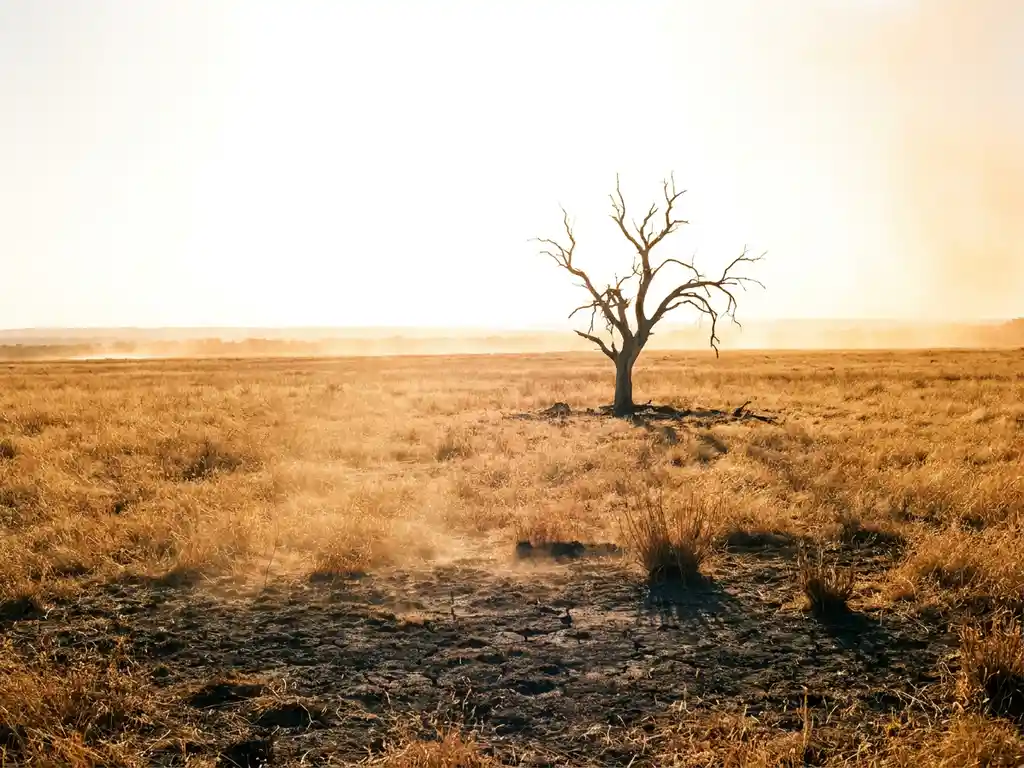 Dead tree silhouetted against a bleached sky over sun-scorched golden grassland with cracked earth and heat shimmer at midday.