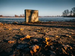 Cracked sun-scorched field merging into frost-dusted ground, lone industrial electrical cabinet in amber and steel-blue winter light.