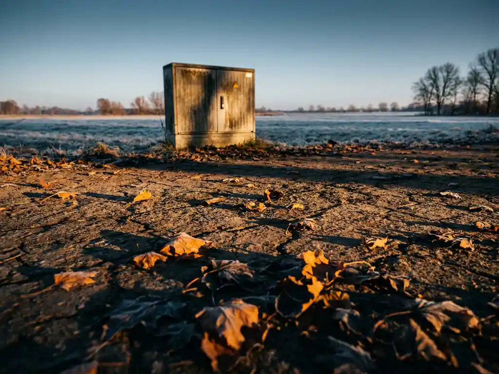 Cracked sun-scorched field merging into frost-dusted ground, lone industrial electrical cabinet in amber and steel-blue winter light.