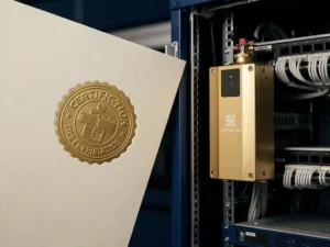 Certification seal embossed on cream paper beside a fire suppression unit mounted in an open server cabinet.