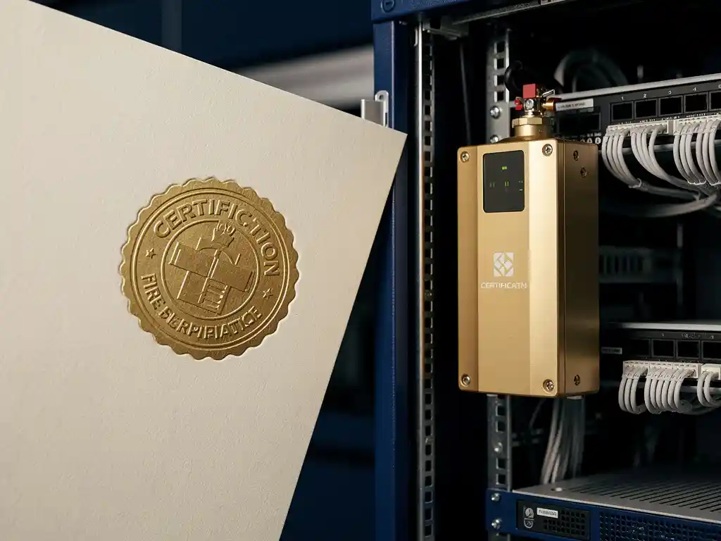 Certification seal embossed on cream paper beside a fire suppression unit mounted in an open server cabinet.