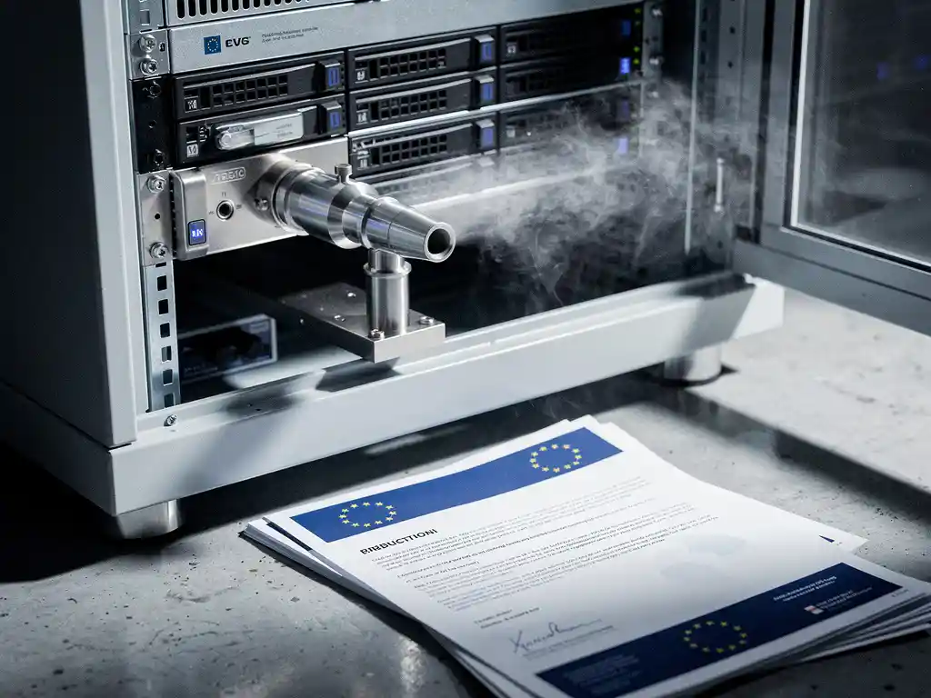 Stainless steel fire suppression nozzle inside an open server cabinet releasing nitrogen gas, EU regulatory documents visible on concrete floor below.