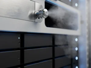 Stainless steel fire suppression nozzle releasing colorless gas inside a server cabinet with dark matte equipment panels.