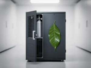 Server cabinet in a modern data center with a nitrogen canister mounted inside and a green leaf resting against the steel surface.