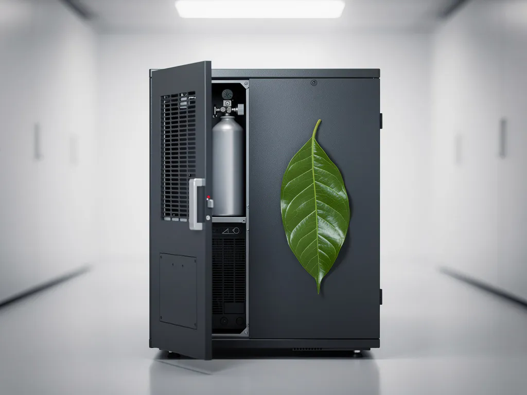 Server cabinet in a modern data center with a nitrogen canister mounted inside and a green leaf resting against the steel surface.