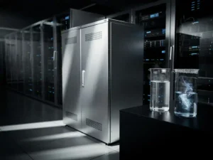 Steel server cabinet in a dark data center beside two glass cylinders containing nitrogen gas and blue chemical mist.