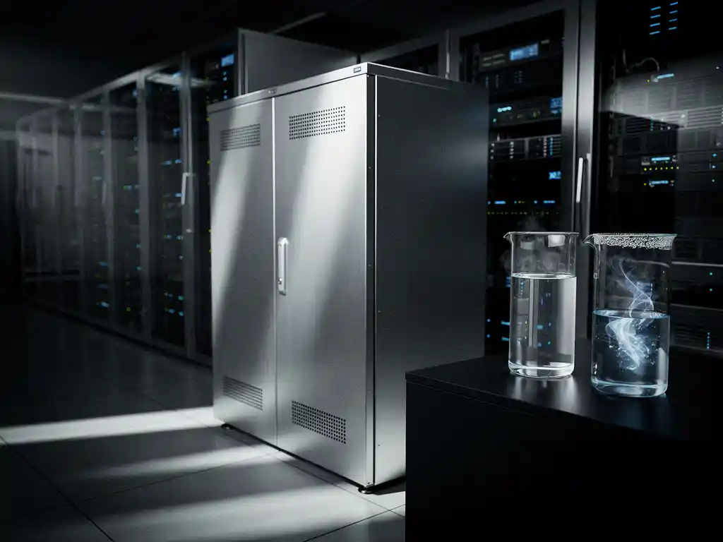 Steel server cabinet in a dark data center beside two glass cylinders containing nitrogen gas and blue chemical mist.