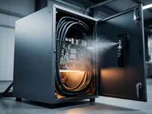 Industrial server cabinet with fire suppression nozzle releasing white nitrogen gas over circuit boards, lit by warm amber glow with dramatic side lighting.