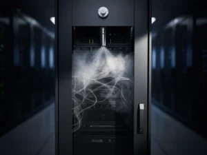 Server cabinet with smoke detector and suppression nozzle releasing white nitrogen gas in a dimly lit data center corridor.