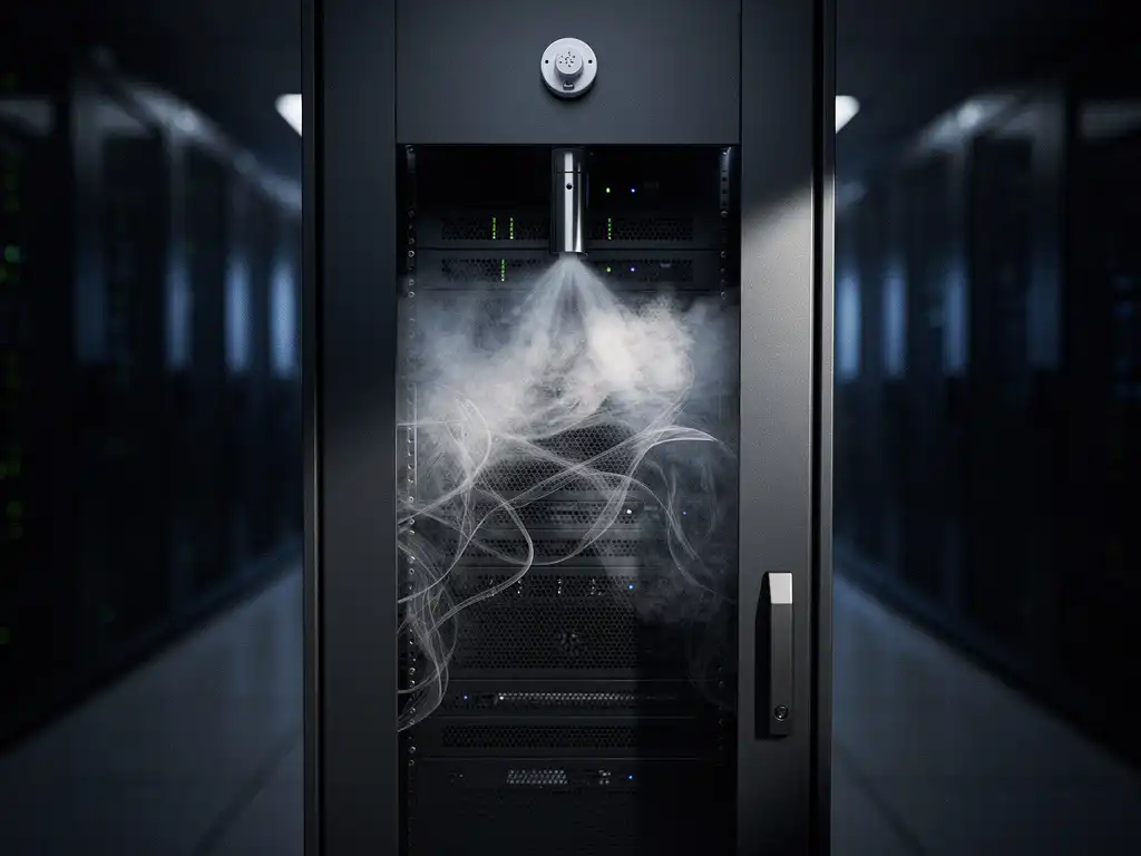 Server cabinet with smoke detector and suppression nozzle releasing white nitrogen gas in a dimly lit data center corridor.