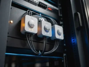 Smoke, heat, and gas sensors mounted inside a dark server cabinet, glowing with amber and blue indicator lights connected by thin wiring.