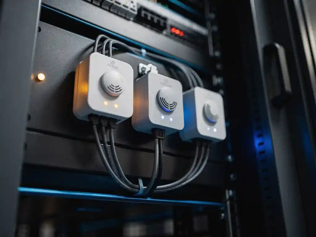 Smoke, heat, and gas sensors mounted inside a dark server cabinet, glowing with amber and blue indicator lights connected by thin wiring.