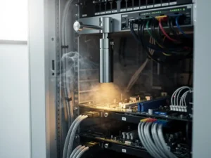 Server rack with early smoke wisps and nitrogen suppression nozzle mounted inside, amber warning glow illuminating steel-grey components and cables.