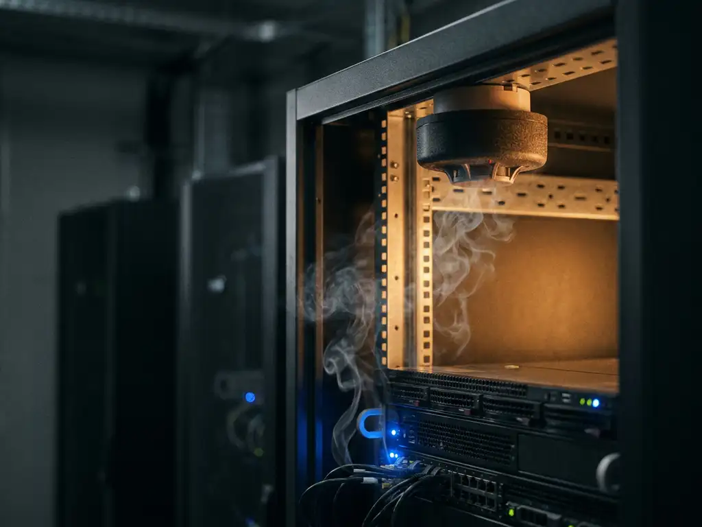 Smoke detector inside an open server rack cabinet detecting early gray smoke, with blue indicator lights glowing on equipment below.