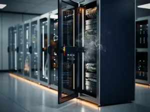 Server room with illuminated ICT cabinets and a fire suppression nozzle inside an open cabinet door, faint smoke dissipating nearby.