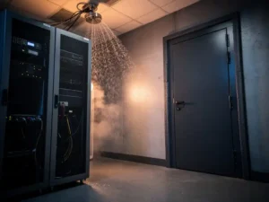 Server cabinet room with active sprinkler spraying water and sealed fireproof door with intumescent seals under amber emergency lighting.
