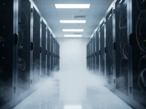 Server room corridor with nitrogen gas mist drifting low across polished floor between dark equipment racks in cool blue-white light.