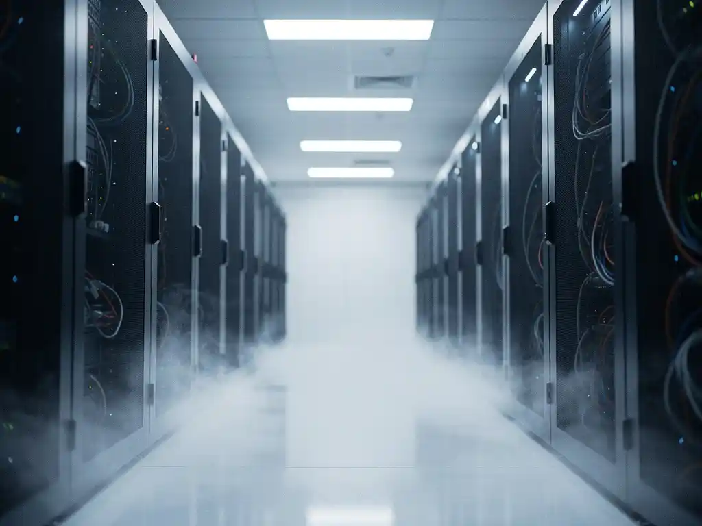 Server room corridor with nitrogen gas mist drifting low across polished floor between dark equipment racks in cool blue-white light.