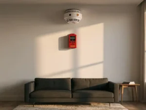 Firefighter-grade smoke detector on white ceiling above a rental apartment living room with fire suppression unit mounted on the wall.