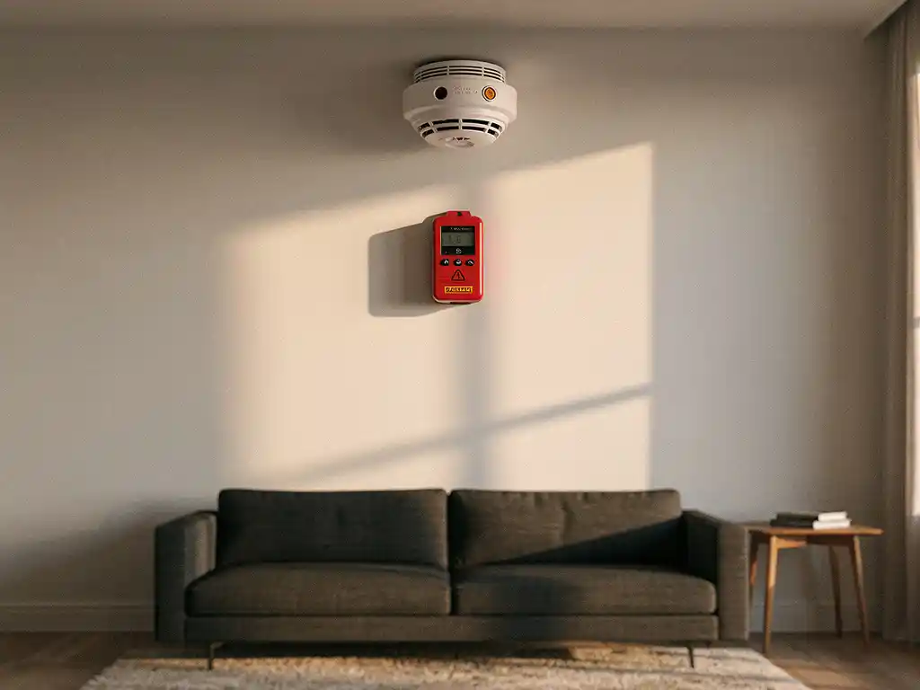 Firefighter-grade smoke detector on white ceiling above a rental apartment living room with fire suppression unit mounted on the wall.
