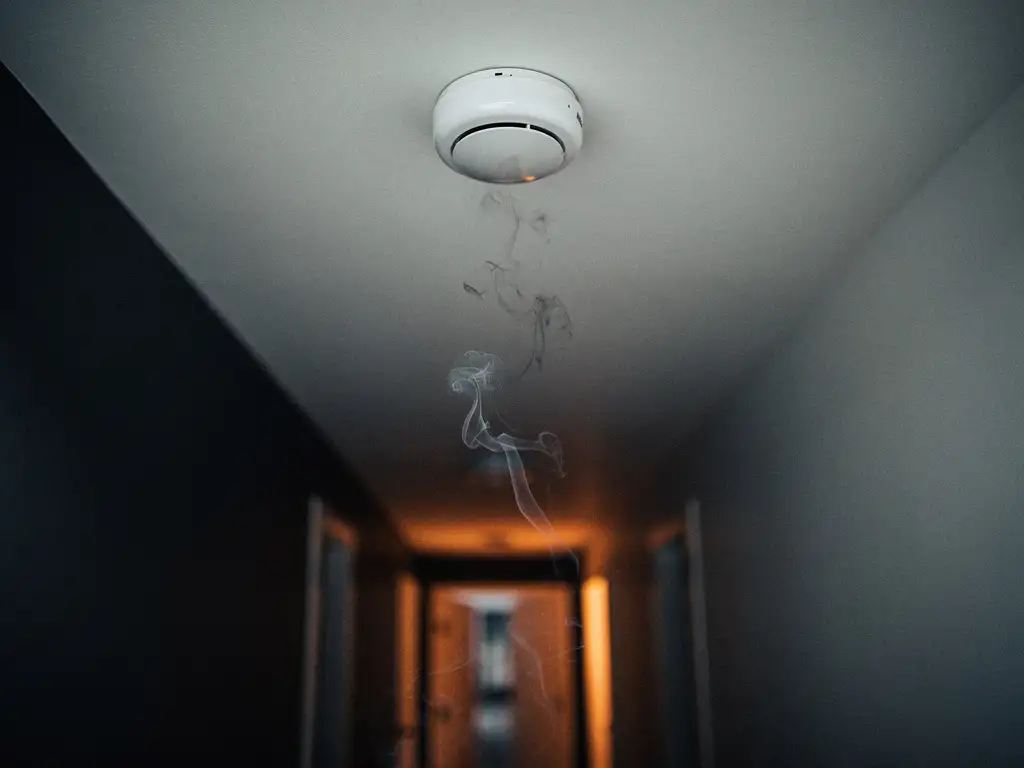 White smoke detector on ceiling with grey smoke rising toward it, warm amber glow from distant doorway suggesting early fire.