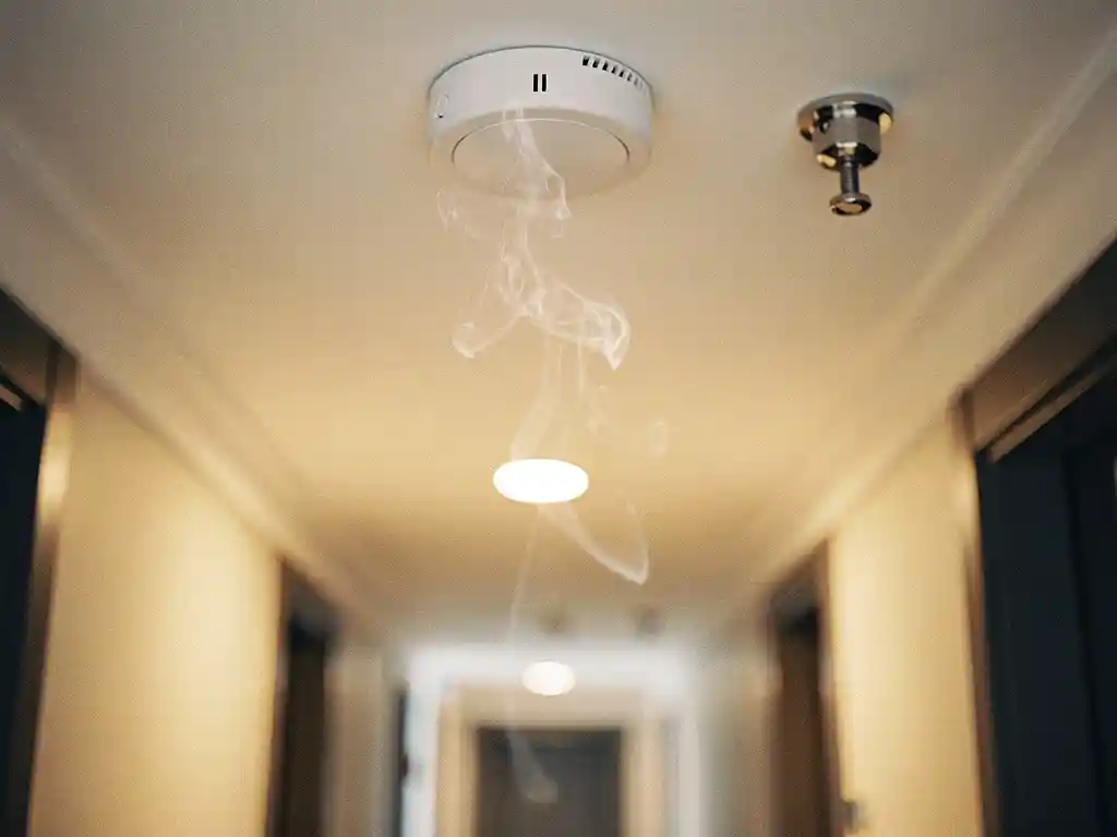 Smoke detector on white ceiling with pale smoke rising toward it, sprinkler head nearby, warm amber interior lighting.
