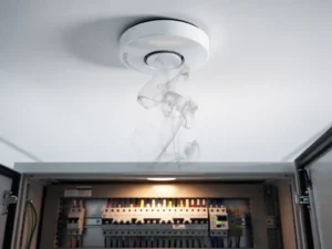 Smoke detector on white ceiling above open electrical cabinet with rising wisps of smoke in a dimly lit industrial environment.