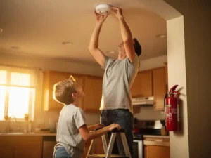 Parent and child installing a smoke detector on a kitchen ceiling, with a fire extinguisher mounted on the nearby wall.