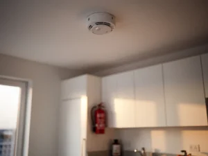 Smoke detector mounted on white apartment ceiling above modern kitchen with red fire extinguisher leaning against cabinet below.