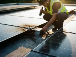 Fire safety inspector examining scorch marks near a rooftop solar panel junction box during late afternoon light.