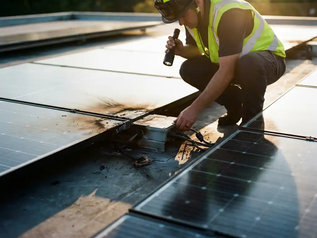 Fire safety inspector examining scorch marks near a rooftop solar panel junction box during late afternoon light.